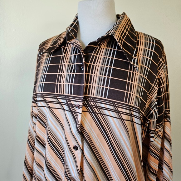 Vintage 70s Brown Peach Gray Stripe Plaid Polyester Disco Dagger Collar Shirt L - Picture 2 of 7